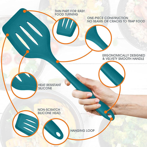 Teal Blue Kitchen Utensils Set, E-far 15-Piece Silicone Cooking Utensils with Holder, Heat Resistant for Cooking