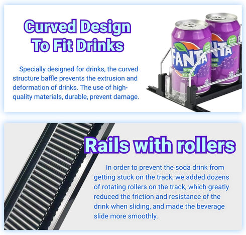 JUNMEI 12oz 16oz 20oz Drink Organizer for Fridge, Adjustable Width Soda Can Dispenser, 15" D, Black, 3 Rows