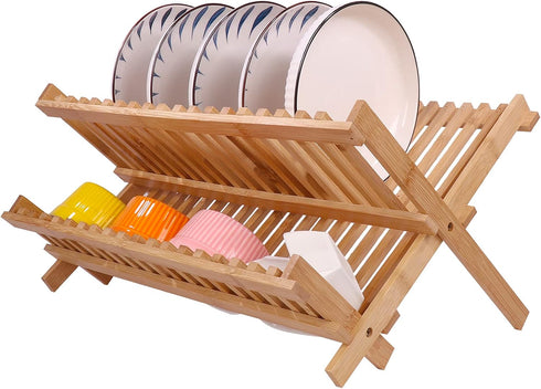 SZUAH Collapsible Bamboo Dish Drying Rack for Kitchen Counter, Space Saving Organizer (17.8"x10.23"x9.25")