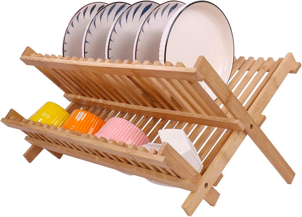 SZUAH Collapsible Bamboo Dish Drying Rack for Kitchen Counter, Space Saving Organizer (17.8"x10.23"x9.25")