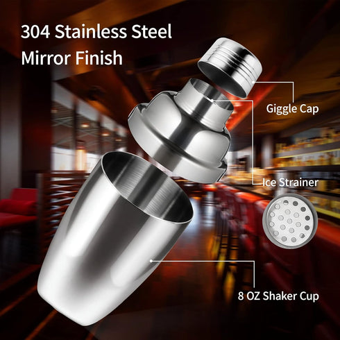 Newness Stainless Steel Cocktail Shaker - Professional Drink Shaker with Built-in Strainer, 8.4oz (250ml) for Easy Carry