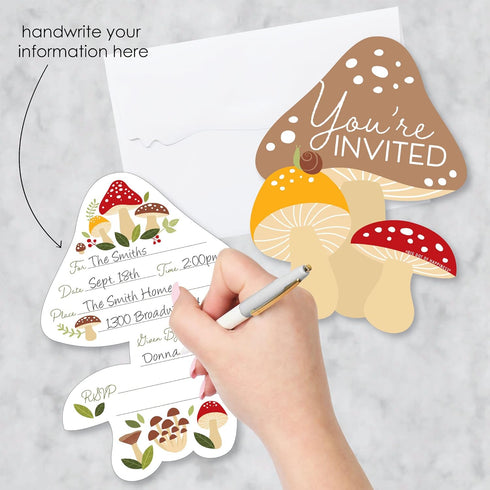 Set 12 Big Dot of Happiness Wild Mushrooms - Shaped Fill-In Invitations - Red Toadstool Party Invitation Cards
