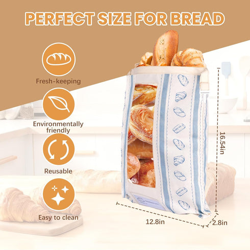 Tag(2 Pack) Reusable Bread Bags, Cotton & TPU Lining Bread Bags with Transparent Window, Anti-Slip Lock Keeps Homemade