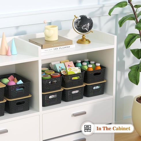 Plastic Storage Baskets with Bamboo Lid - 6 Pack Stackable Containers for Organizing Shelves, Drawers, Desktop, Office