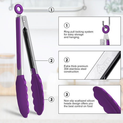 HOTEC Premium Stainless Steel Locking Kitchen Tongs, Set of 3 - 7", 9" and 12" (Purple)