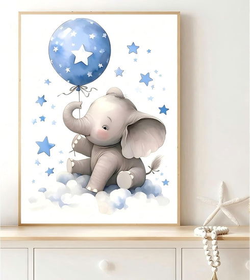 3Pcs 12X16unframed Blue Nursery Elephant Canvas Wall Art Baby Boy Wall Decor Cute Animal Painting Pictures Moon