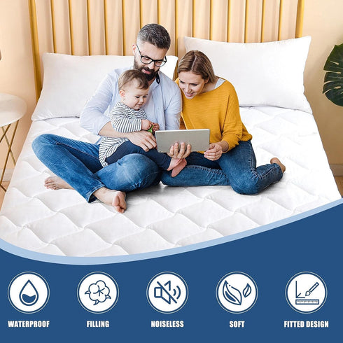 Queen Size Quilted Fitted Mattress Pad, Waterproof Cooling Protector, Deep Pocket Cotton Cover