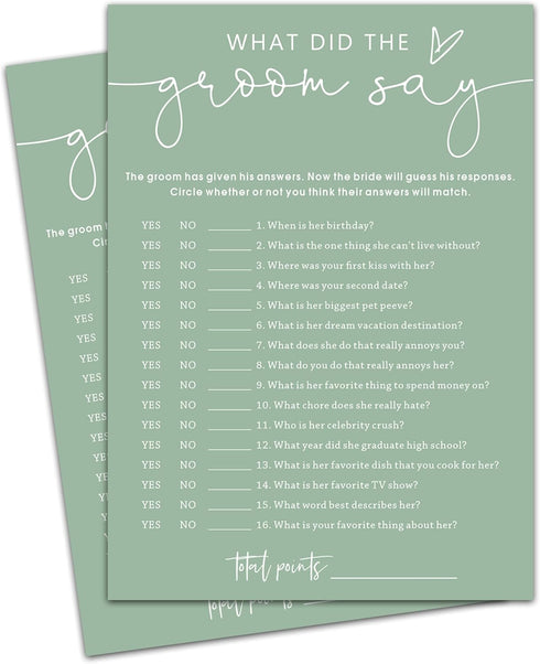 What Did the Groom Say Cards, Sea Green Bridal Shower Games, 30