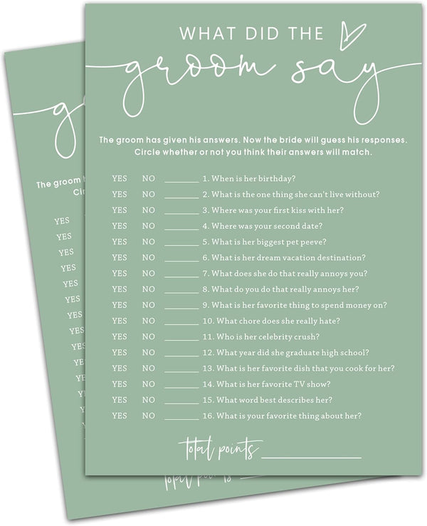 What Did the Groom Say Cards, Sea Green Bridal Shower Games, 30
