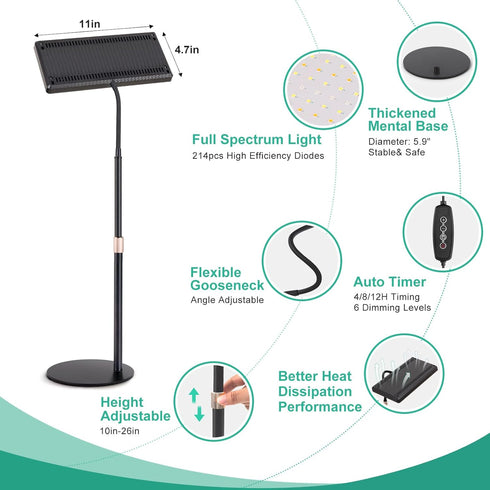 LBW 4/8/12H 10"-26" 6 Desk Grow Light, Full Spectrum Plant Light for Indoor Plants, Grow Lamps with Timer, Height