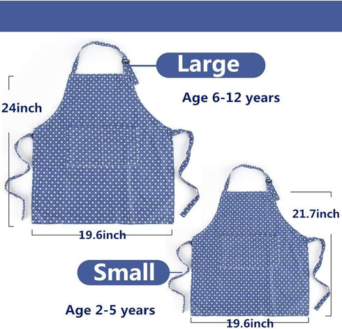 Set, 2 Kids Apron and Chef Hat Adjustable Cotton Child Aprons with Pockets Cute Girls Boys Kitchen Bib Aprons