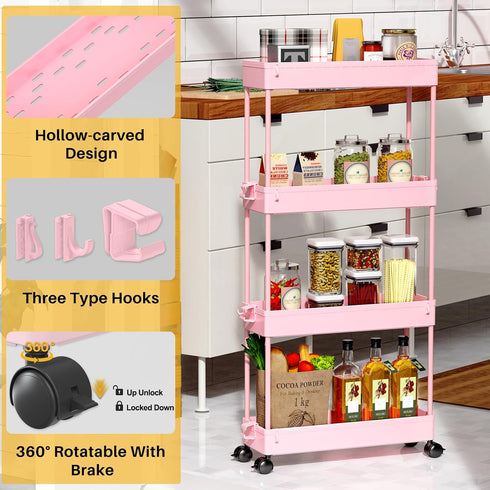SPACEKEEPER Slim Rolling Storage Cart, 4 Tier Bathroom Organizer with Wheels for Kitchen & Laundry Room, Pink