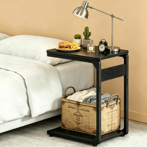 Vovonusy ET-YB-BK1 Wood Pedestal Small Sofa Side Table for Couch, Tall Nightstand, C Shaped End Table, TV Trays