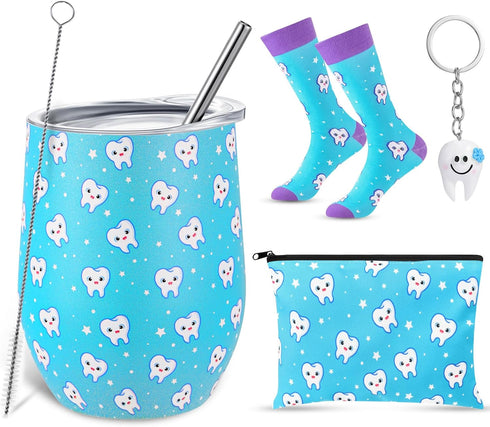 Sliner 4 Pcs Dental Assistant Gifts for Women, Cute 12 oz Teeth Tumbler, Cosmetic Bag, Keychain, and Socks