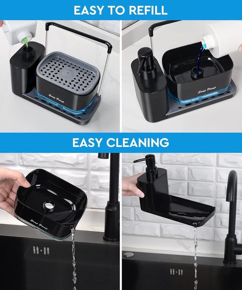 Set 5-in-1 Countertop Hand and Dish Soap Dispenser with Tray, Dual Soap Dispenser with Sponge Holder and Dishcloth