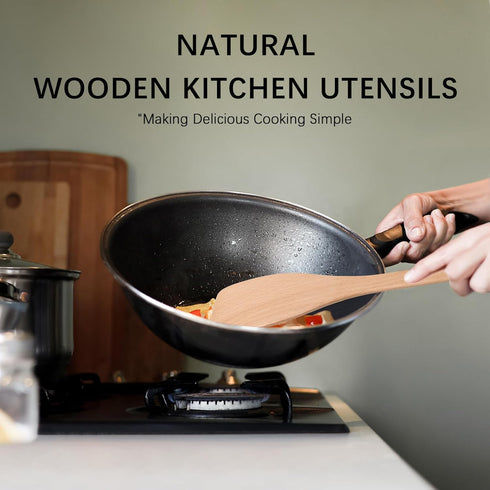 2pcs 13inch Wooden Spatulas for Cooking, Uncoated Beech Wood Turners for Frying, Non-Scratch Utensils