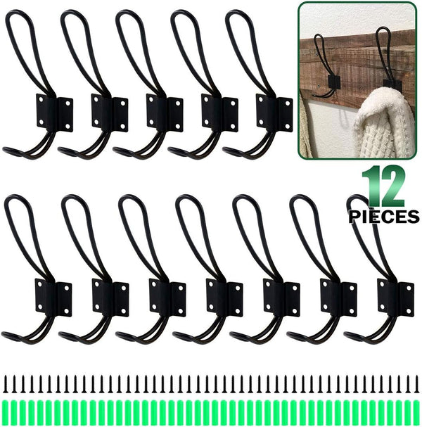 Keadic 12 Pack Heavy Duty Rustic Black Coat Hooks Kit, Wall Mounted Coat Hanger with Screws and Expansion Screws