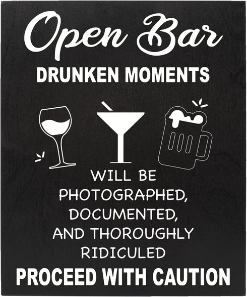 JennyGems Open Bar Hanging Wood Sign | Funny Wedding Reception Decor, Drunken Moments Will Be Photographed