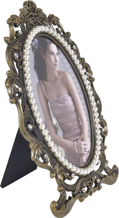 ChezMax Vintage Picture Photo Frames, 3x5 Ellipse Rose Antique Frame with Glass, Tabletop and Wall Hanging