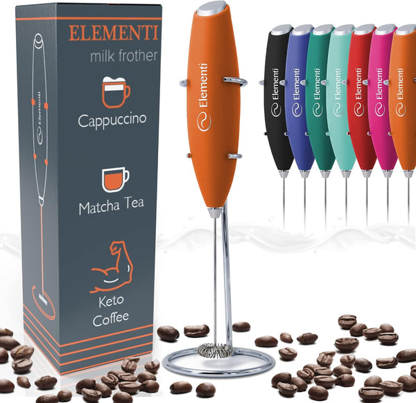 Elementi Handheld Milk Frother with Stand, Mini Mixer for Powder Drinks, Electric Whisk for Coffee, Specialty Kitchen