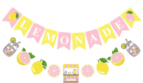 Pink Yellow Lemonade Banner for Stand Decorations, Lemon Sign Garland Summer Party Decor Supplies