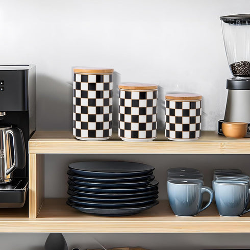 Countertop Set, 3Pcs Countertop Kitchen Ceramic Checkered Canisters Grid Pattern Kitchen Jars with Layered Shelves