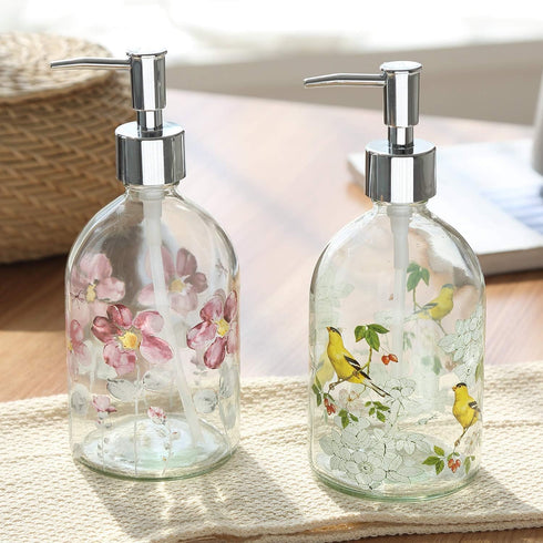 Set of 2 Flower Glass Soap Dispenser Bottles, 17oz with Plastic Pump