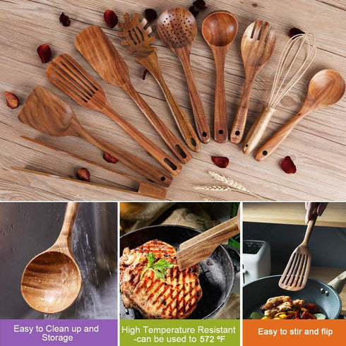Kitchen Utensils Set with Holder, Wooden Cooking Utensils, Natural Teak Wood Spoons, Set with Spatula and Ladle (11)