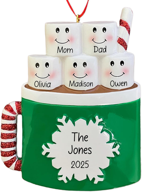 Personalized Marshmallow Family of 5 Christmas Ornament 2025 | Hot Cocoa &