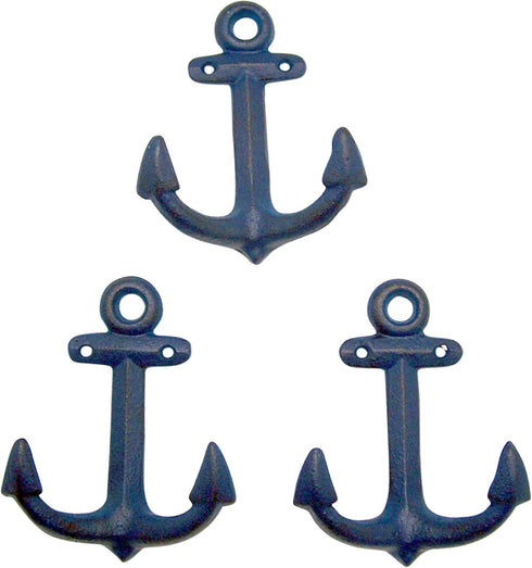 Nautical Cast Iron Ship Anchor Wall Hooks, Wowser, Set of 3 (Blue)