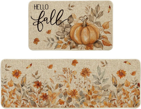 Artoid Mode Pumpkin Sunflowers Hello Fall Kitchen Mats Set of 2, Autumn Home Decor Low-Profile Rugs for Floor