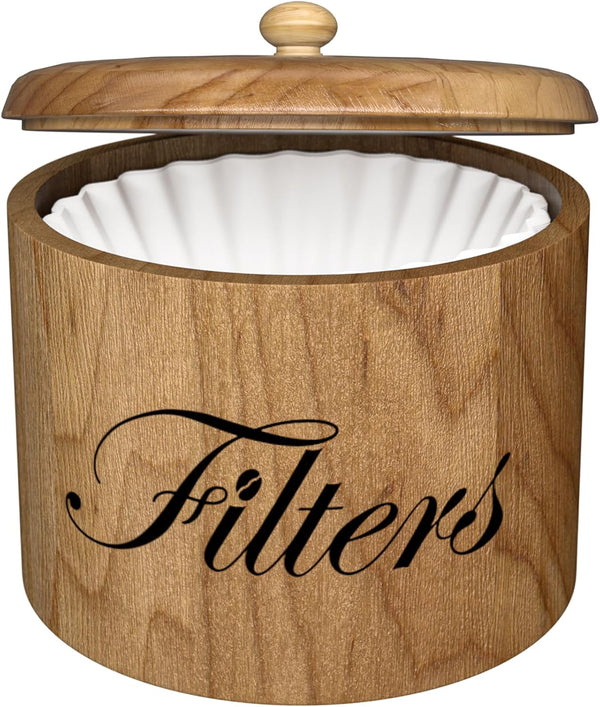 Wooden Coffee Filter Holder with Lid - Round Coffee Filter Storage for Rustic Coffee Bar Decor (Natural)
