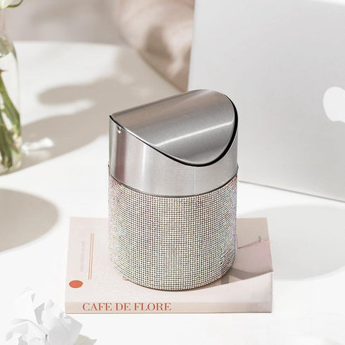 ZOOFOX 1.5 Liter Countertop Trash Can, Bling Rhinestone Garbage Bin with Swing Lid for Home, Office, Vanity Tabletop