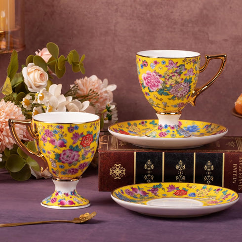 KAMMAK Set 2, 7oz (622N) Tea Cups and Saucers of Porcelain Coffee Cups, Stackable Espresso Mugs, Ceramic Demitasse