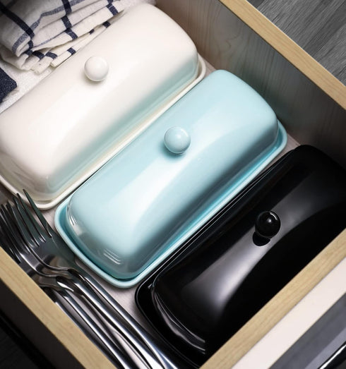 Nucookery Ceramic Butter Dish with Lid | Raised Legs and Non-Slip Strip Design | Porcelain Health | Dishwasher Safe