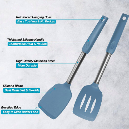 2 Pack Solid & Slotted Silicone Spatula Set, Stainless Steel Handle, Non Stick, Heat Resistant, Starry Blue