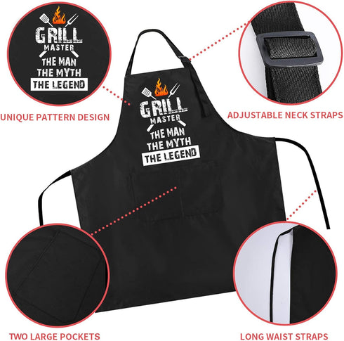 Rosoz Funny BBQ Black Chef Aprons for Men, Grill Master, Adjustable Kitchen Cooking Aprons with Pocket, Waterproof Oil