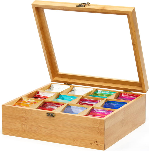 RoyalHouse Big Natural Bamboo Tea Storage Organizer with Clear Acrylic Top Window,