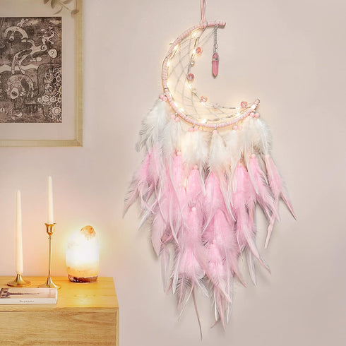 Dremisland Moon Dream Catcher with Fairy Lights-Handmade Feather Lucky Turquoise Pendant Beads Wall Hanging Ornament