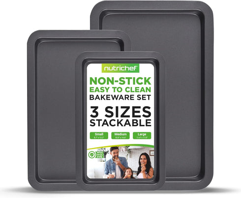 NutriChef 3-Piece Nonstick Cookie Sheets for Baking - Heavy Duty Steel Baking Pans Set