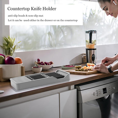 Knife Holder, In Drawer Knife Block with Expandable Cutlery Tray, Kitchen Drawer Organizer Insert for 11 Knives, Space