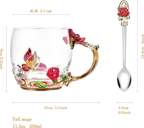 OEAGO Gifts for Mom Women Mothers Day Glass Coffee Enamels Mug Best Birthday Butterfly Rose Gifts for Her from Daughter Son Lead-Free Valentines Day Christmas Red Tea Cup with Spoon Set by OEAGO