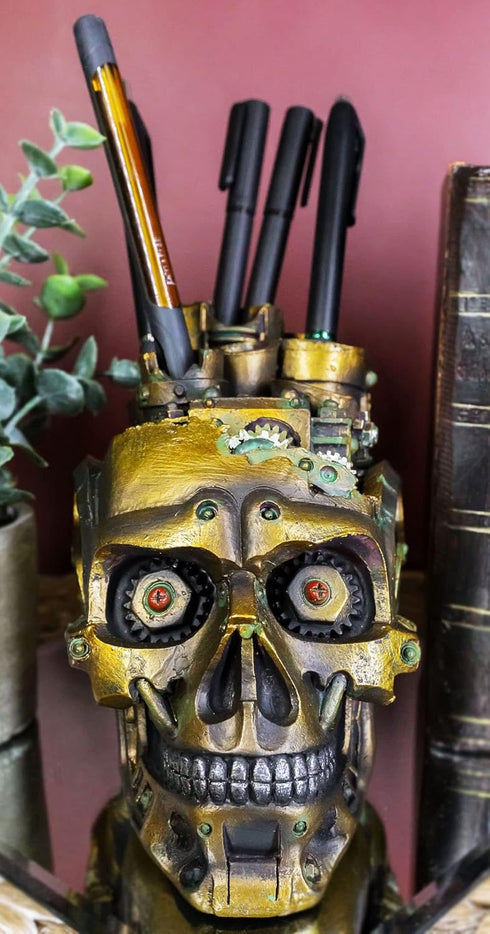 Ebros Gift Mad Max Steampunk Cyborg Robotic Skull Decorative Box, Jewelry Trinket Storage or Makeup Brush Holder