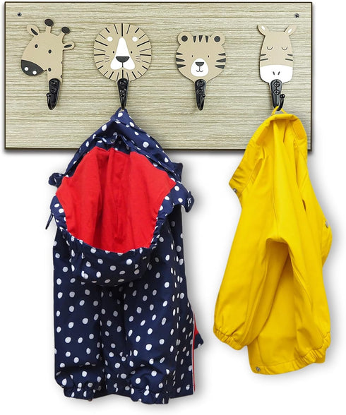 Nursery Kids Animal Coat Rack Wall Hooks, Wooden Cute Safari Giraffe Lion Hangers for Kids Room Decor
