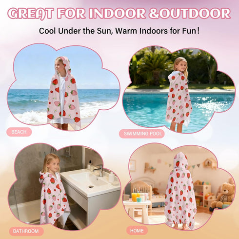JOPJOLIW 30" 50", Cozy Strawberry Hooded Towel for Kids,Cute Pink Hooded Blanket for Toddlers X Warm Wearable Bath