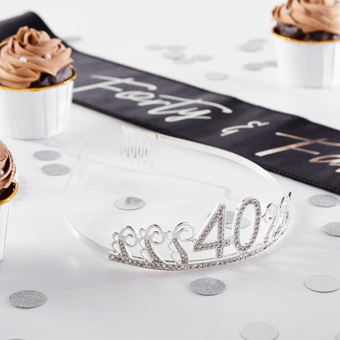 BLUE PANDA - 40th Birthday Sash and Tiara for Women, Forty and Fabulous Party Decorations (Black Satin)