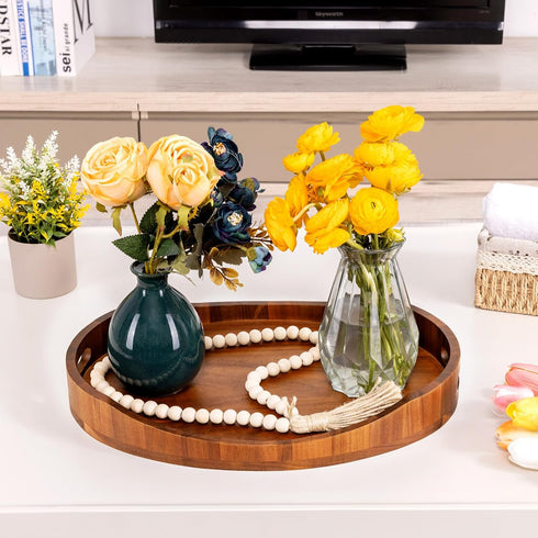 HouseJoy Display,16.5"x13" Acacia Wood Serving Tray with Handles, Decorative Ottoman Tray Platter for Breakfast in Bed