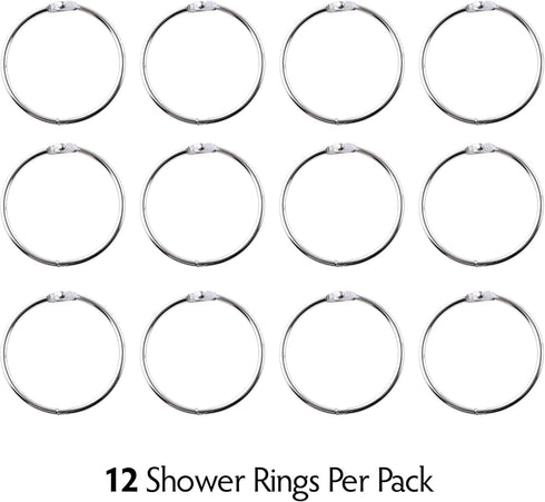 SlipX Solutions Chrome Simple Slide Shower Curtain Rings - Set of 12, Rust Resistant, Snap Closure for Standard Shower