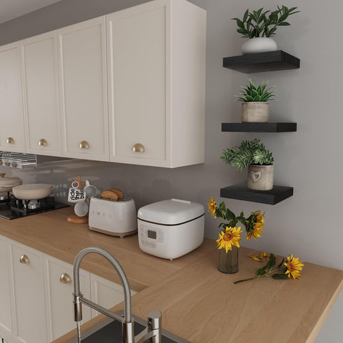 PopiShelves 9 Inch Set 3 Small Floating Shelves for Wall - Square Black Shelves for Bedroom, Living Room, Bathroom
