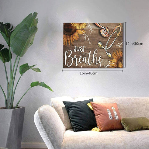 Sunator Just Breathe Canvas Wall Art, Beautiful Sunflower and Medical Stethoscope Inspirational Picture